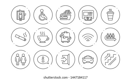 Public services line icons. Elevator, Taxi and Wifi internet. Fast food linear icon set. Line buttons with icon. Editable stroke. Vector