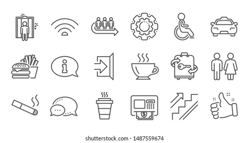 Public services line icons. Elevator, Taxi and Wifi internet. Fast food linear icon set. Quality line set. Vector