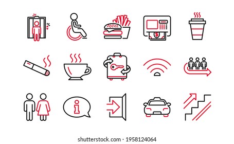 Public services line icons. Elevator, Taxi and Wifi internet. Fast food linear icon set. Linear set. Quality line set. Vector