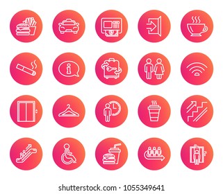 Public Services line icons. Set of Elevator, Cloakroom and Taxi signs. Exit, ATM and Escalator symbols. Wifi, Lift and Restaurant food. Information, Coffee and Smoking. Trendy gradient circle buttons