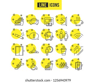 Public Services Line Icons. Set Of Elevator, Cloakroom And Taxi Signs. Exit, ATM And Escalator Symbols. Wifi, Lift And Restaurant Food. Information, Coffee And Smoking. Quality Futuro Design Icons