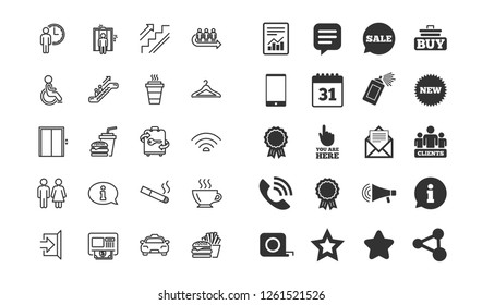 Public Services Line Icons. Set Of Elevator, Cloakroom And Taxi Signs. Exit, ATM And Escalator Symbols. Wifi, Lift And Restaurant Food. Information, Coffee And Smoking. Vector