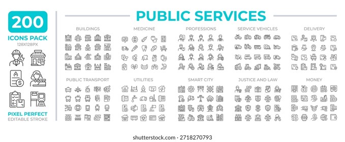 Los iconos de línea de servicios públicos establecen la colección. Satisfacer las necesidades de la comunidad. Asegurando la industria del bienestar social mega paquete de pictogramas lineales, píxel perfecto. Ilustraciones vectoriales aisladas. Trazo editable