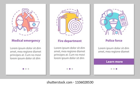 Public services onboarding mobile app page screen with concepts. Police force, firefighter department, medical emergency steps graphic instructions. UX, UI, GUI vector template with illustrations