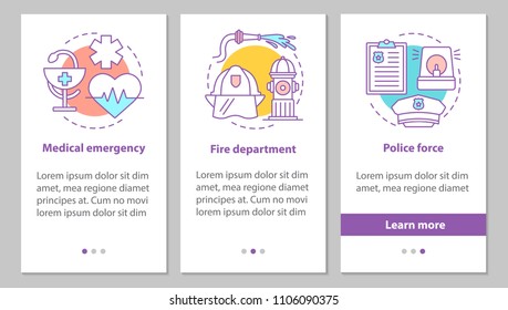 Public services onboarding mobile app page screen with concepts. Police force, firefighter department, medical emergency steps graphic instructions. UX, UI, GUI vector template with illustrations