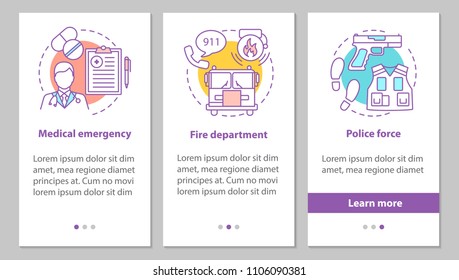 Public services onboarding mobile app page screen with concepts. Police force, firefighter department, medical emergency steps graphic instructions. UX, UI, GUI vector template with illustrations