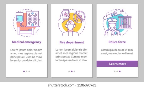 Public services onboarding mobile app page screen with concepts. Police force, firefighter department, medical emergency steps graphic instructions. UX, UI, GUI vector template with illustrations