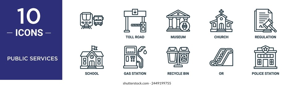 public services outline icon set includes thin line  , toll road, museum, church, regulation, school, gas station icons for report, presentation, diagram, web design