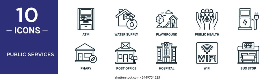 public services outline icon set includes thin line atm, water supply, playground, public health,  , phary, post office icons for report, presentation, diagram, web design