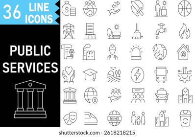 Public Services outline icons for Government, Utilities, Transport, Community, Energy and Emergency. Editable Vector stroke pictograms. illustration EPS10