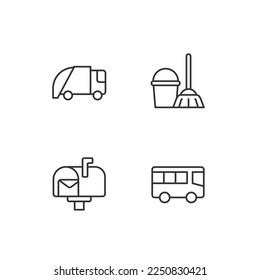 Public services pixel perfect linear icons set. Waste collection and disposal. Home cleaning. Transportation. Customizable thin line symbols. Isolated vector outline illustrations. Editable stroke