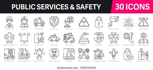 Public services and safety Outline Vector Icon Collection. A set of outline icons related to Policeman, Fireman, Security, First aid, Security system and more. Editable stroke. Vector illustration