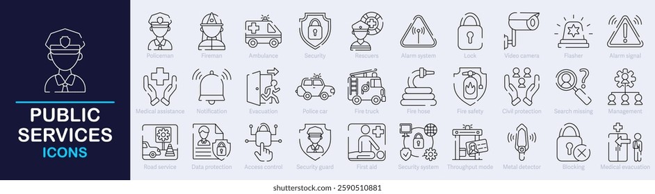 Public services and safety Outline Vector Icon Collection. A set of outline icons related to Policeman, Fireman, Security, First aid, Security system and more. Editable stroke. Vector illustration