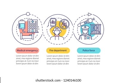 Public services vector infographic template. Police force, firefighter department, medical emergency. Data visualization with three steps. Process timeline chart. Workflow layout with linear icons