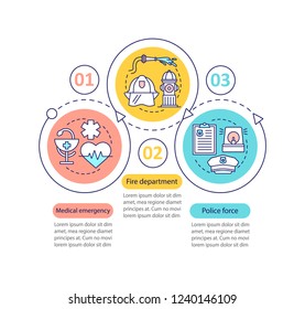 Public services vector infographic template. Police force, firefighter department, medical emergency. Data visualization with three steps. Process timeline chart. Workflow layout with linear icons
