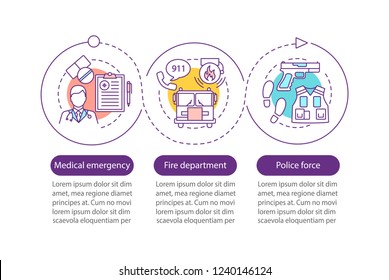 Public services vector infographic template. Police force, firefighter department, medical emergency. Data visualization with three steps. Process timeline chart. Workflow layout with linear icons