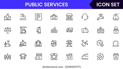 Iconos de la línea de Vector de servicios públicos que muestran los símbolos de atención médica, emergencia, educación, transporte, saneamiento, edificios gubernamentales, Asistencia comunitaria, servicios públicos y asistencia social.