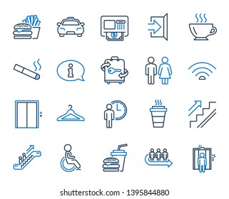 Public Services, Wifi line icons. Elevator, Cloakroom and Taxi icons. Exit, ATM and Escalator. Wifi, Lift or elevator, Restaurant food. Public cloakroom, information, coffee and smoking. Vector