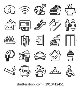 Public Services, Wifi line icons. Elevator, Cloakroom and Taxi icons. Exit, ATM and Escalator. Wifi, Lift or elevator, Restaurant food. Public cloakroom, information, coffee and smoking. Vector