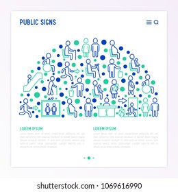 Public signs concept in half circle thin line icons: information stand, fire or emergency exit, use trash can, seats for pregnant women, disabled, elderly people, elevator, WC. Vector illustration.