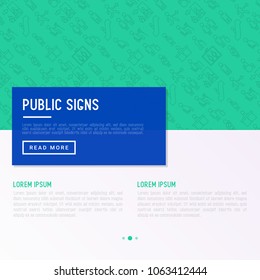 Public signs concept thin line icons: information stand, fire or emergency exit, use trash can, seats for pregnant women, disabled, elderly people, woman with child, elevator, WC. Vector illustration.