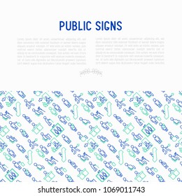 Public signs concept thin line icons: information stand, fire or emergency exit, use trash can, seats for pregnant women, disabled, elderly people, woman with child, elevator, WC. Vector illustration.