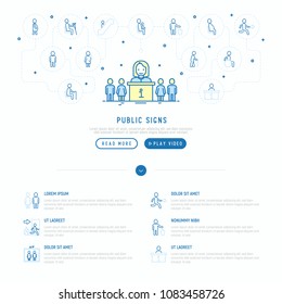 Public signs concept with thin line icons: information stand, fire or emergency exit, use trash can, seats for pregnant women, disabled, elderly people, WC. Vector illustration, web page template.