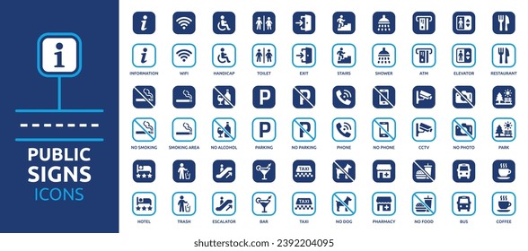 Juego de iconos de información de signos públicos. Con salida, baño, CCTV, hotel, restaurante, parking, ascensor, ducha, taxi, bus, bar y más. Colección de iconos de vector sólido.