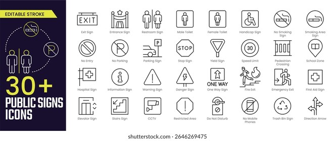 Public Signs Stroke icon collections. Containing Entrance Sign, Exit Sign, No Parking, No Smoking, Direction Arrow, Escalator Sign, and No Entry icons. Editable Stroke icon collection icon