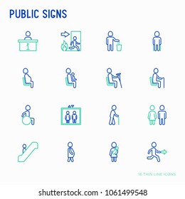 Public signs thin line icons set: information stand, fire or emergency exit, use trash can, seats for pregnant women, disabled, elderly people, woman with child, elevator, WC. Vector illustration.