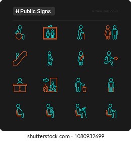 Public signs thin line icons set: information stand, fire or emergency exit, use trash can, seats for pregnant women, disabled, elderly people, woman with child. Vector illustration for black theme.
