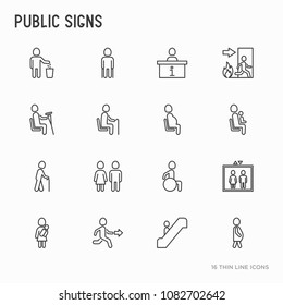 Public signs thin line icons set: information stand, fire or emergency exit, use trash can, seats for pregnant women, disabled, elderly people, woman with child, elevator, WC. Vector illustration.