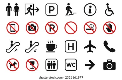 Public signs wc, escalator, exit, staircase, no animals, no camera, no smoking, parking...set. Vector illustration