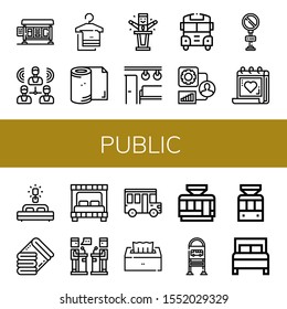 public simple icons set. Contains such icons as Bus stop, Group, Towel, Toilet paper, Politician, Electric train, School bus, People, No parking, can be used for web, mobile and logo