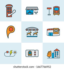 Public. Skyline icons colored line set with location pin, cinema, restaurant and other entry elements. Isolated vector illustration public. Skyline icons.
