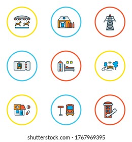 Public. Skyline icons colored line set with farm house, transport ticket, telephone box and other outdoor elements. Isolated vector illustration public. Skyline icons.