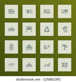 Public. Skyline icons line style set with mailbox, castle, carousel and other handicapped zone elements. Isolated vector illustration public. Skyline icons.