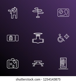Public. Skyline icons line style set with disabled sign, pipeline, map and other vend appliance elements. Isolated vector illustration public. Skyline icons.
