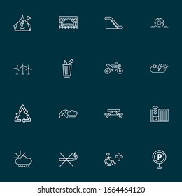 Public. Skyline icons line style set with parking sign, smart city, theater stage and other power elements. Isolated vector illustration public. Skyline icons.