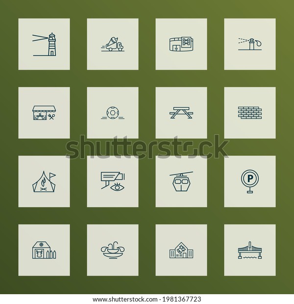 Public. Skyline icons
line style set with sprinkler system, brick wall, video control and
other college elements. Isolated vector illustration public.
Skyline icons.