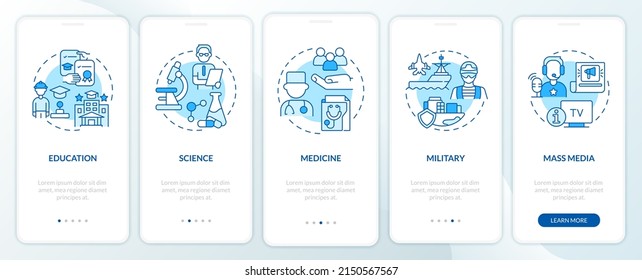 Public social institutions blue onboarding mobile app screen. Walkthrough 5 steps graphic instructions pages with linear concepts. UI, UX, GUI template. Myriad Pro-Bold, Regular fonts used