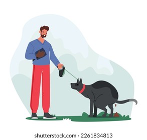 Concepto de limpieza del espacio público con un hombre que es dueño de una mascota y está listo para eliminar los desechos de perros después de "Poop on Street". Responsabilidad De Propiedad Para Mantener Un Entorno Limpio. Ilustración de vectores de personas de caricatura