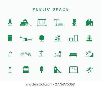Public space icons set. Eco green city park and kids playground simple flat logo icon sign symbol collections. Vector illustration