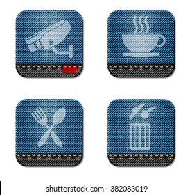 Public space of information denim style icons for user interface, security, cafeteria, trash