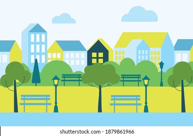 Public space with lawn and trees for walking and relaxingpark in the city with children playground. Vector urban landscape background illustration in the flat style.