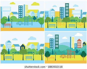 Public Space With Lawn And Trees For Walking And Relaxingpark In The City With Children Playground. Vector Urban Landscape Background Illustration In The Flat Style.