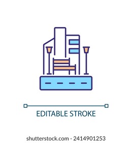 Public space RGB color icon. Urban environment. Modern architecture. City street. Transport infrastructure. Real estate. Isolated vector illustration. Simple filled line drawing. Editable stroke