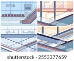 Public spaces interiors. Shopping mall, office building, airport or railway station, bus terminal. Urban places with escalators, moving ladders, vector set