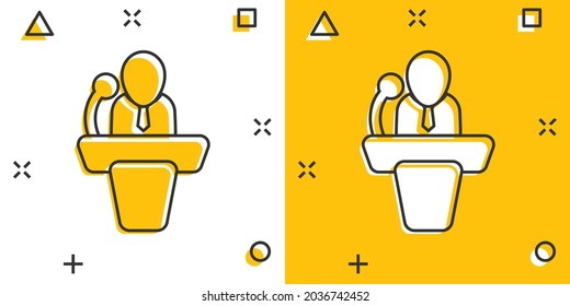 Public Speach Icon In Comic Style. Podium Conference Vector Cartoon Illustration On White Isolated Background. Tribune Debate Business Concept Splash Effect.