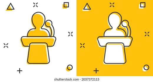 Public Speach Icon In Comic Style. Podium Conference Vector Cartoon Illustration On White Isolated Background. Tribune Debate Business Concept Splash Effect.